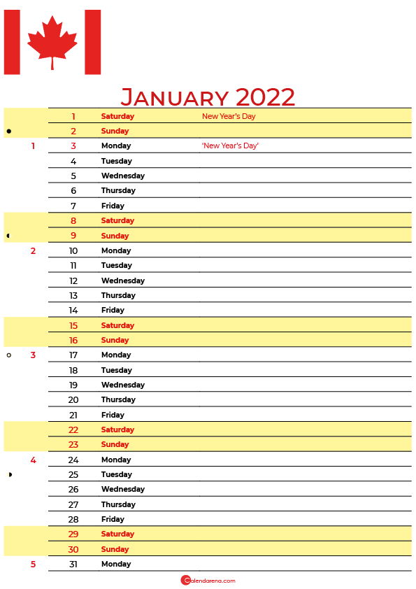 calendar january 2022 canada