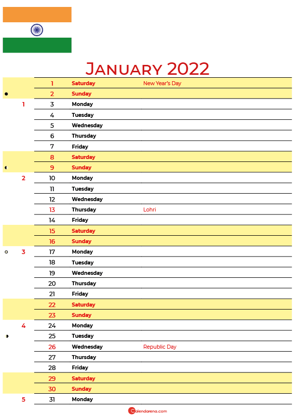 download free january 2022 calendar india with holidays