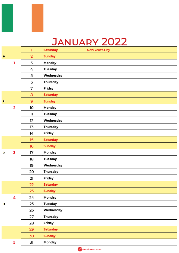 calendar january 2022 ireland