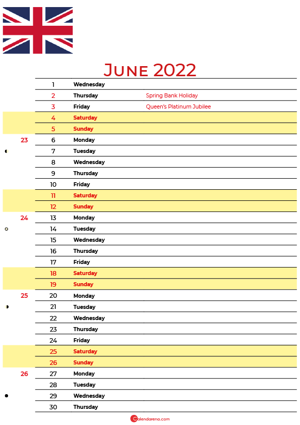 calendar june 2022 UK