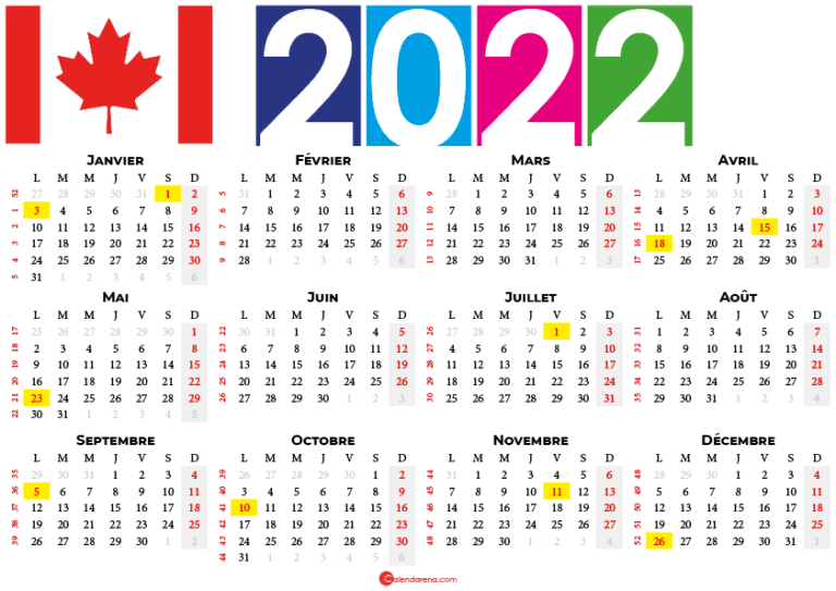 Calendrier 2022 Avec Semaine Québec Canada