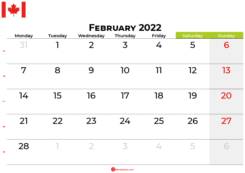 february 2022 calendar canada