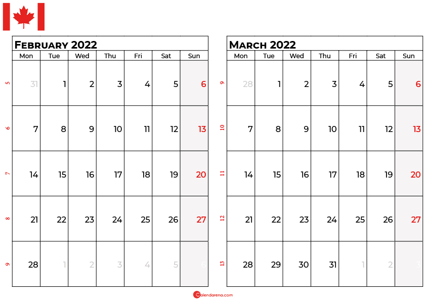 february and march 2022 calendar canada