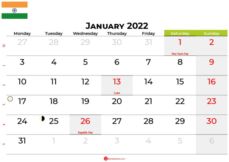 Download Free January 2022 Calendar India With Holidays