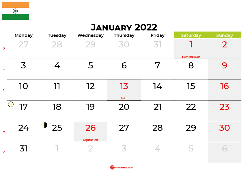 january 2022 calendar india