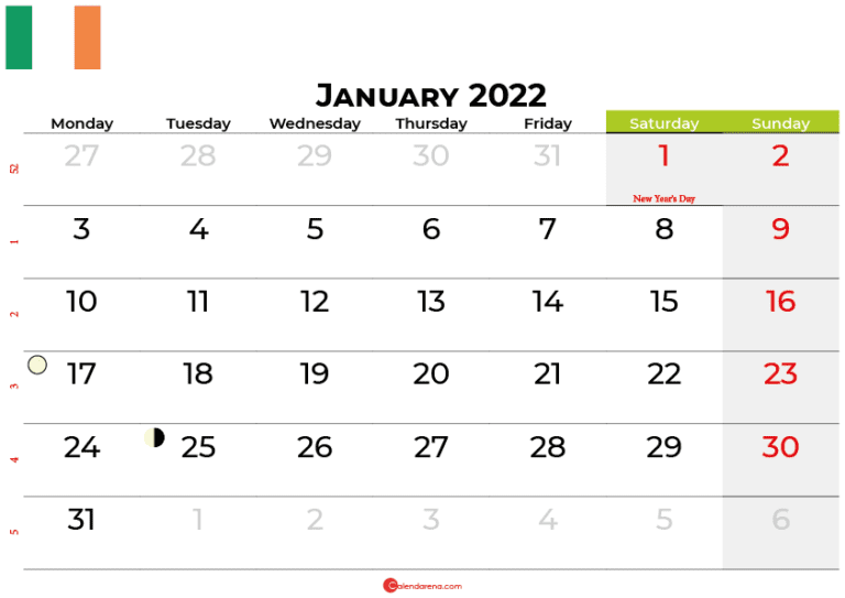 Download Free January 2022 Calendar Ireland With Holidays