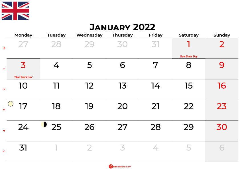download free january 2022 calendar united kingdom with holidays