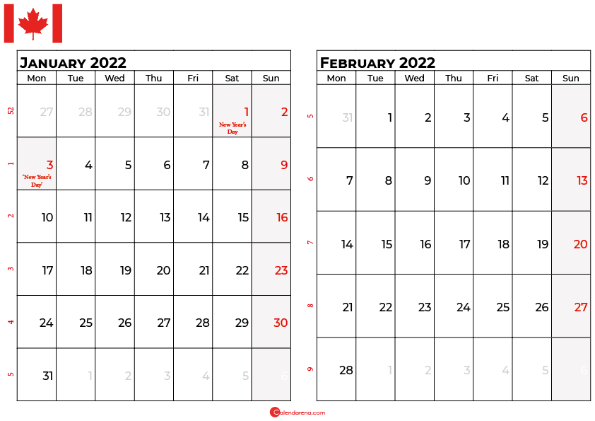 january and february 2022 calendar canada