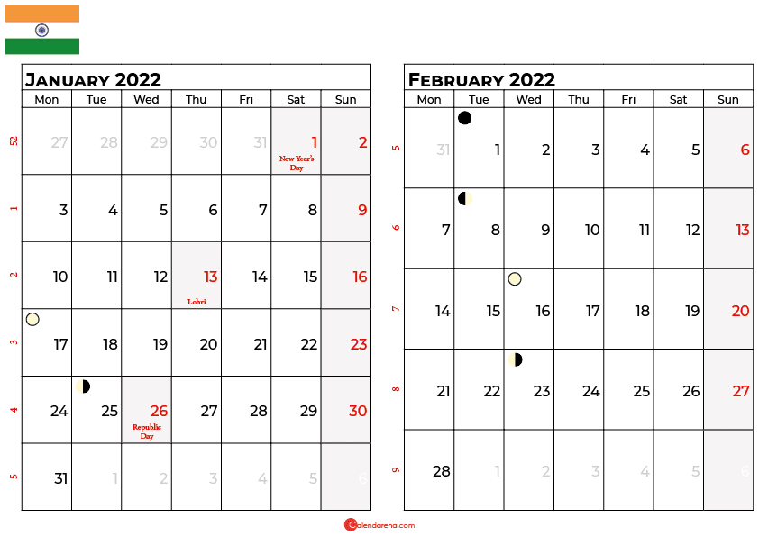 january and february 2022 calendar india