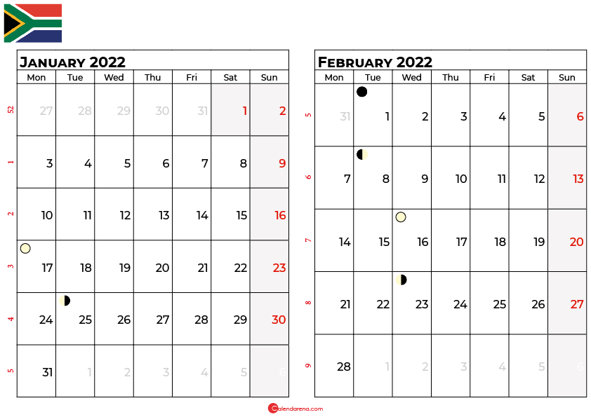january and february 2022 calendar south africa