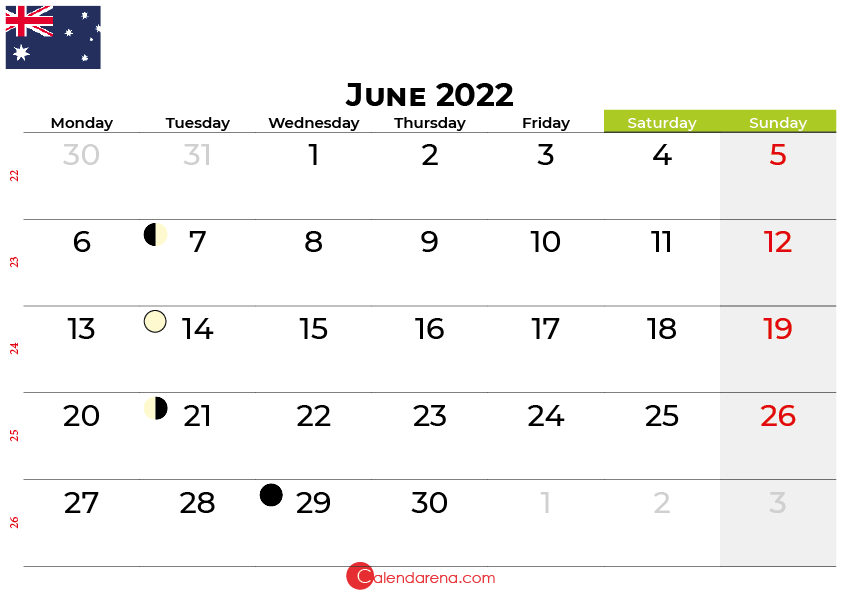 june 2022 calendar australia with holidays