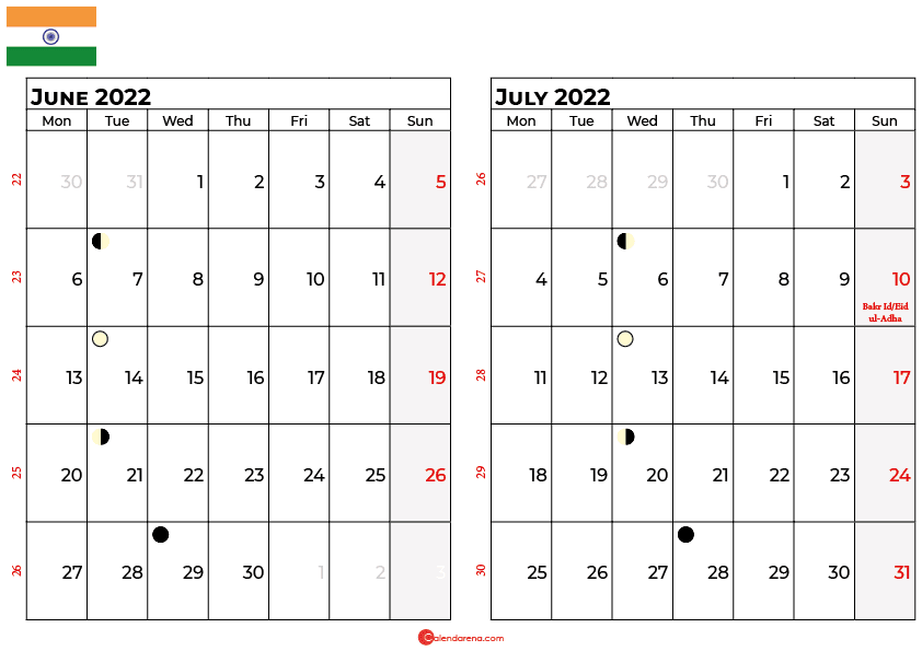 Download Free June 2022 Calendar India With Holidays