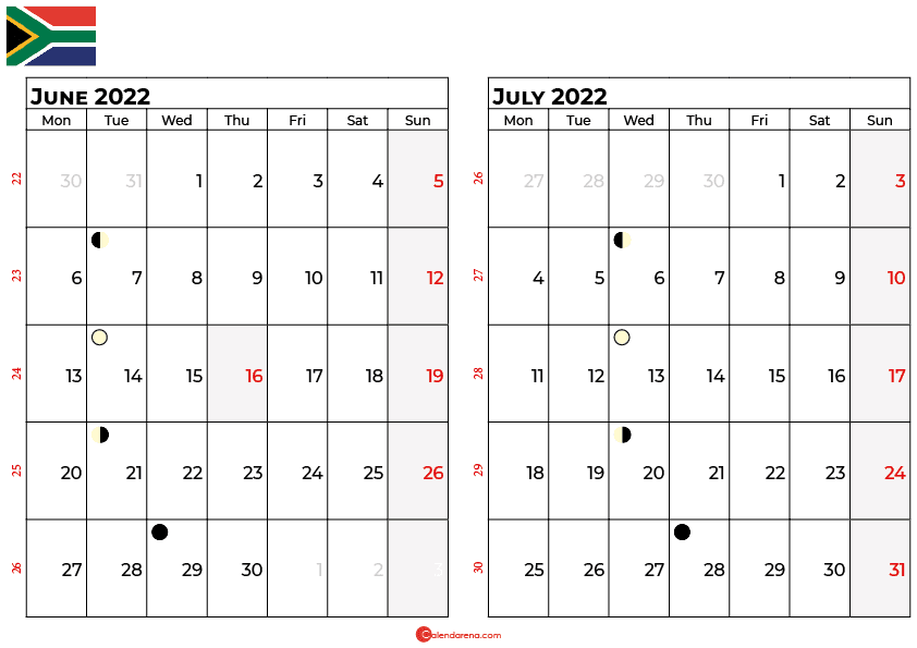 june and july 2022 calendar south africa
