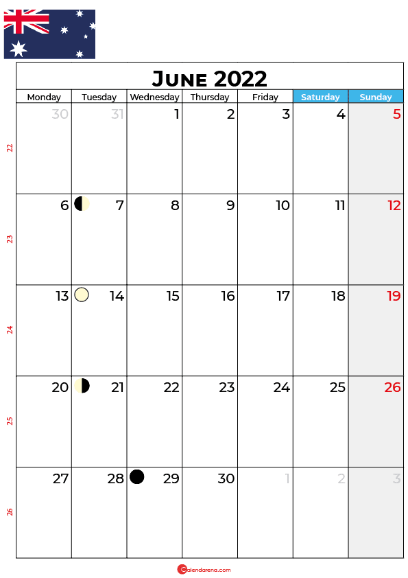 June 2022 Calendar Australia With Holidays