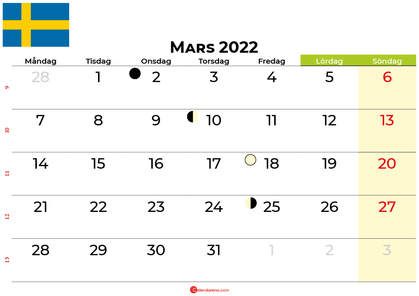 kalender mars 2022 Sverige