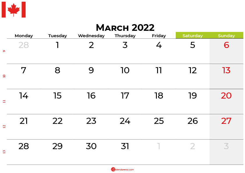 March 2022 Calendar Canada Printable.March 2022 Calendar Canada With Holidays