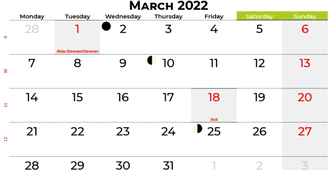 march 2022 calendar india