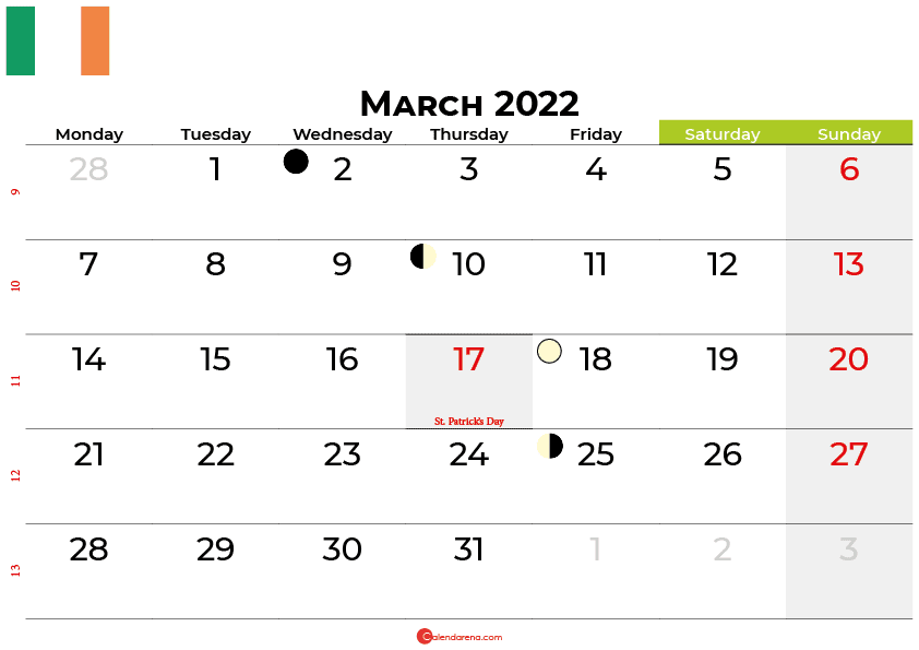 March 2022 Calendar With Holidays Download Free March 2022 Calendar Ireland With Holidays
