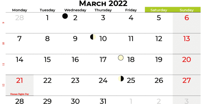 Kalendar march 2022