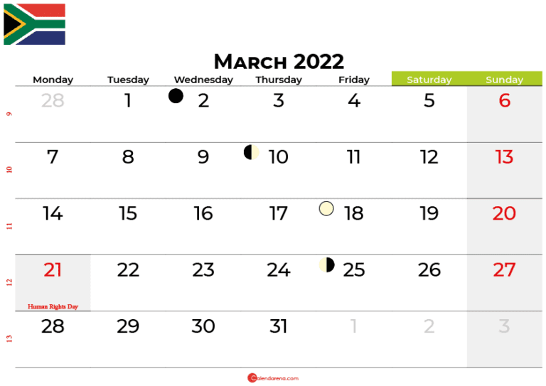 Download Free March 2022 Calendar South Africa With Holidays