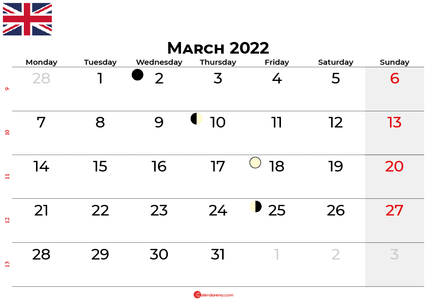 march 2022 calendar united kingdom