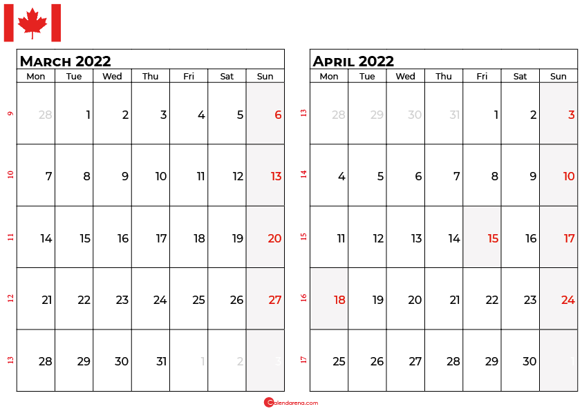 march and april 2022 calendar canada