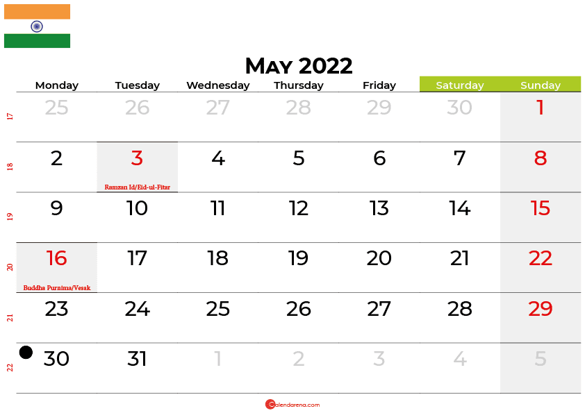 download free may 2022 calendar india with holidays