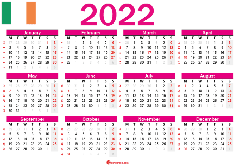 2022 Calendar Ireland With Holidays And Weeks Numbers