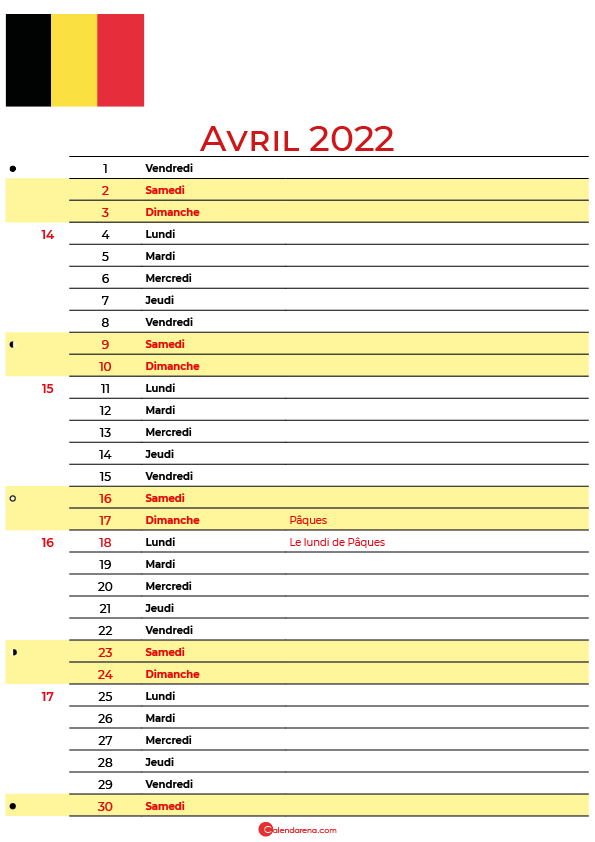 avril 2022 calendrier belgique