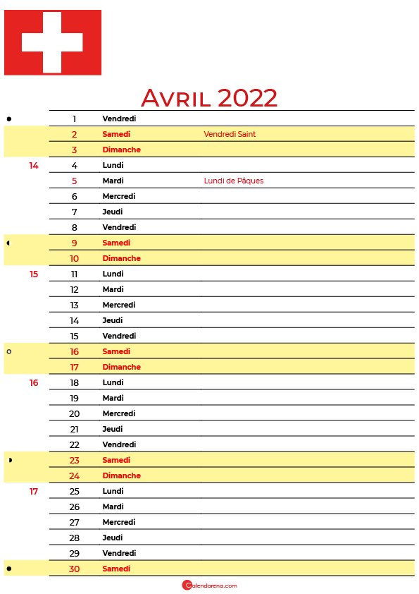 avril 2022 calendrier suisse
