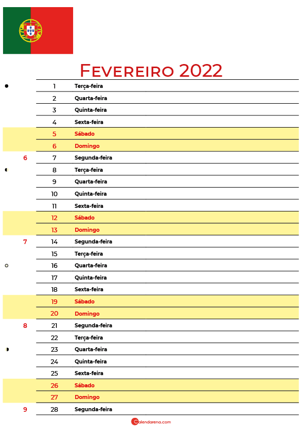 calendário 2022 Fevereiro portugal