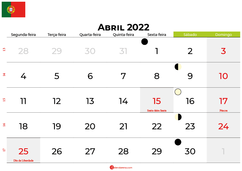 calendario Abril 2022portugal