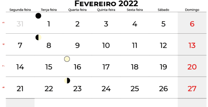 calendario Fevereiro 2022 brasil