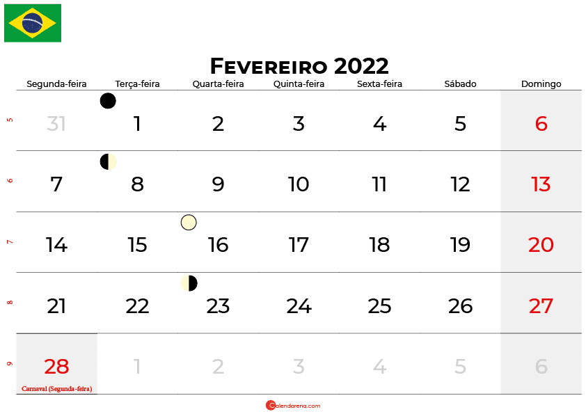 calendario Fevereiro 2022 brasil
