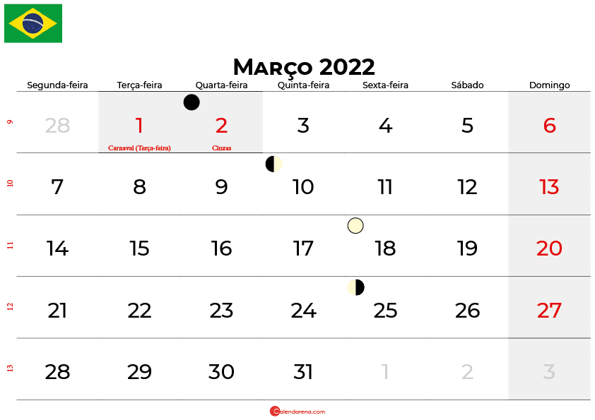 Calendário De Março De 2022 Brasil Feriados
