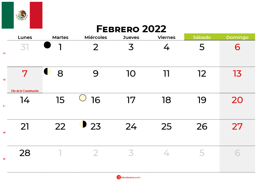 calendario febrero 2022 México