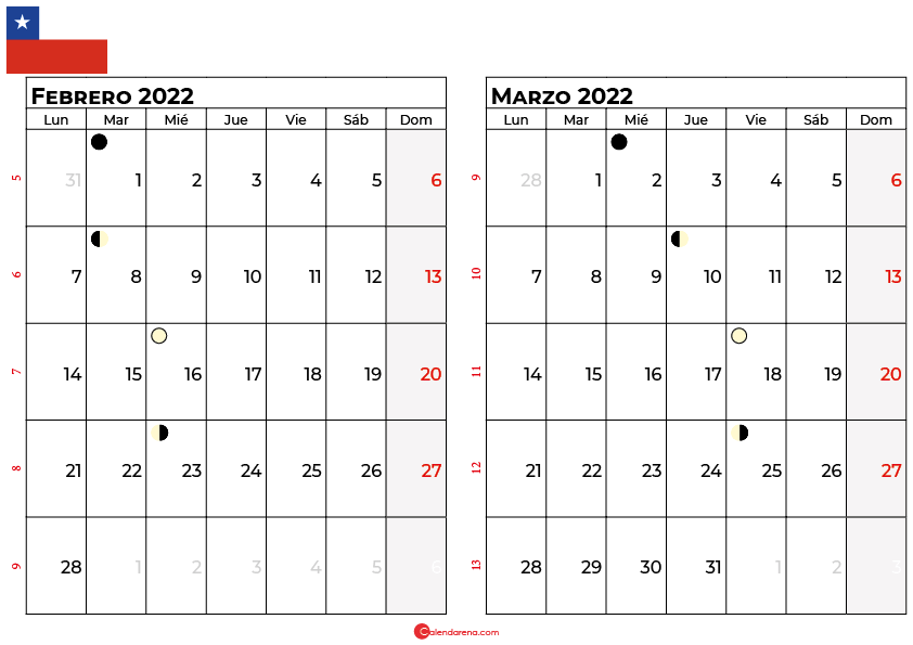 calendario febrero y marzo 2022 Chile
