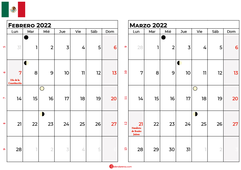calendario febrero y marzo 2022 México