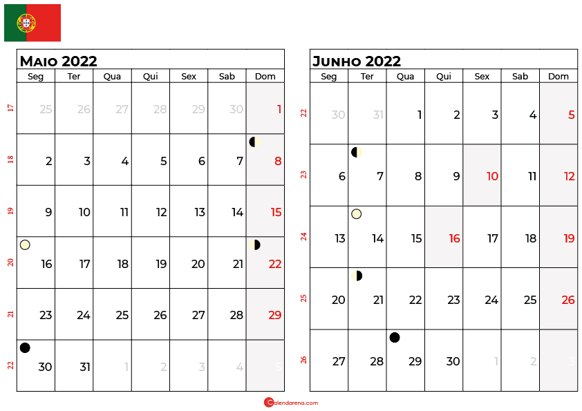 calendario maio e Junho 2022 portugal
