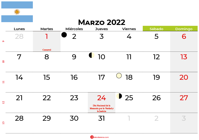 calendario marzo 2022 argentina