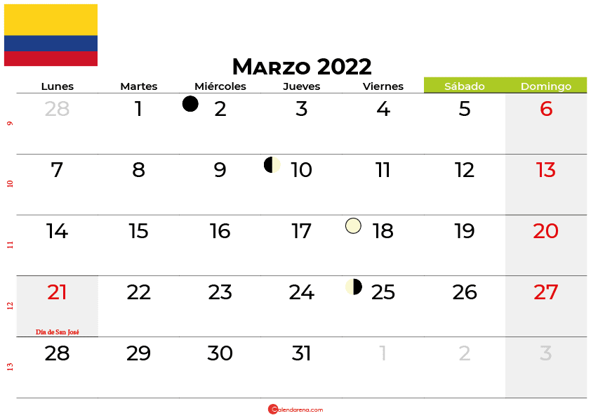 calendario marzo 2022 colombia