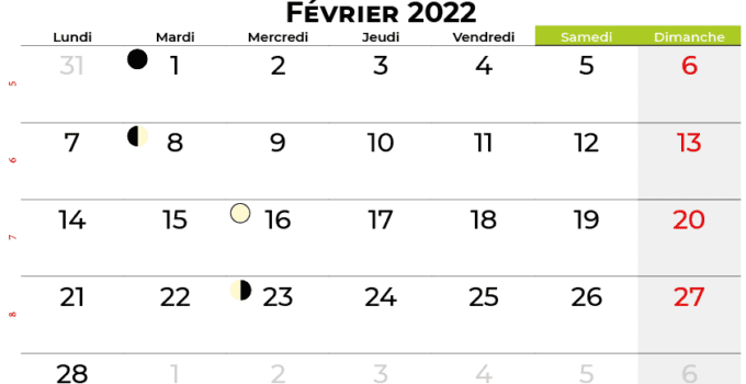 calendrier Février 2022 belgique