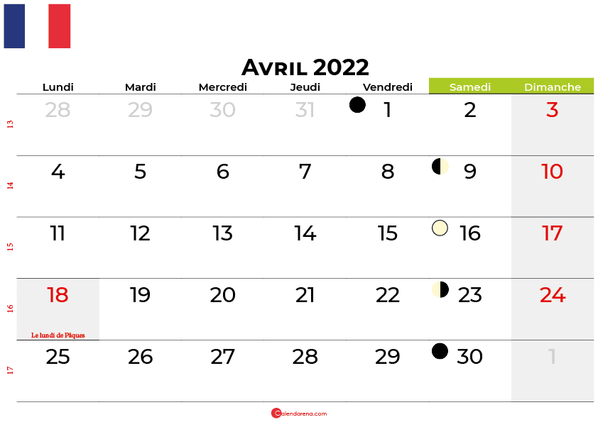 calendrier avril 2022 france