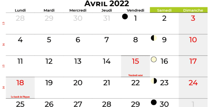 calendrier avril 2022 québec canada