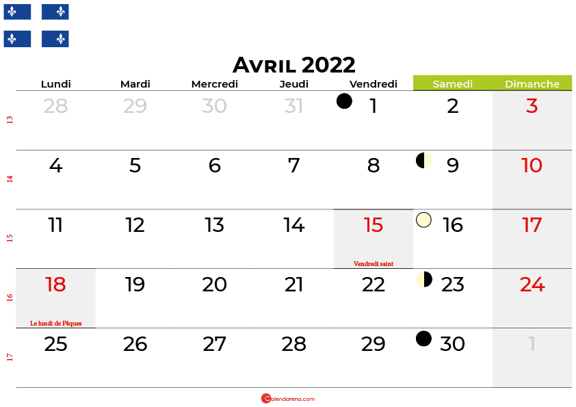calendrier avril 2022 québec canada