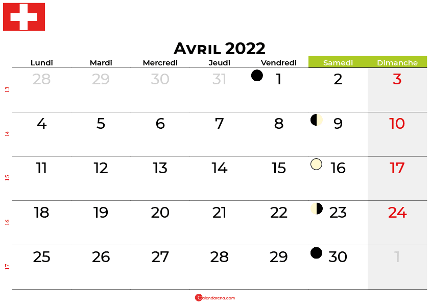 calendrier avril 2022 suisse