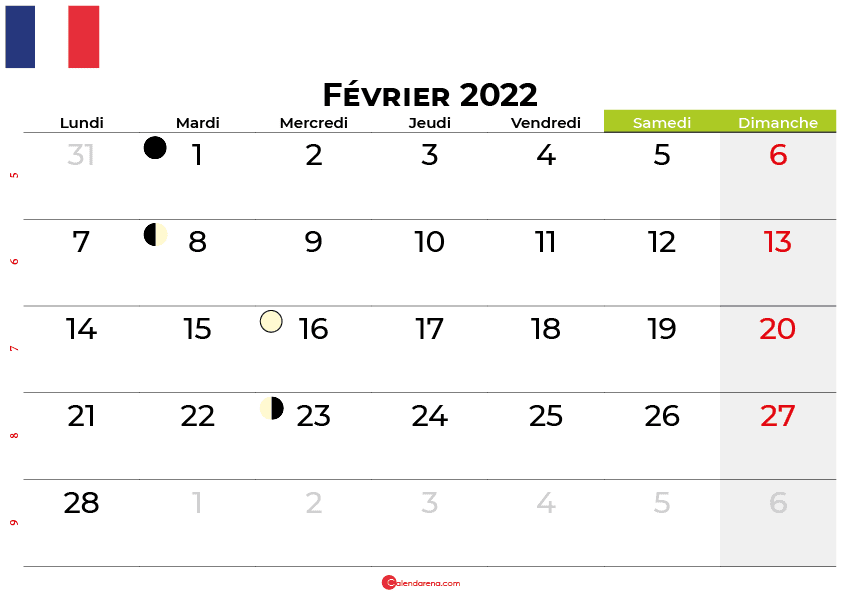 calendrier février 2022 france