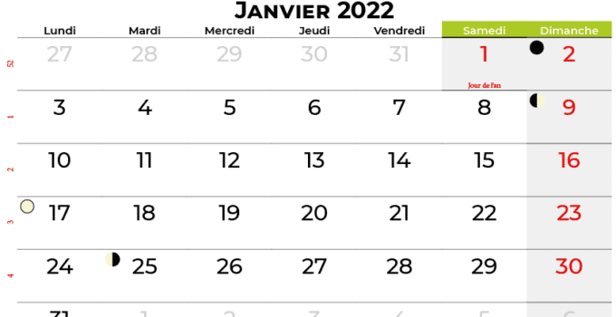 calendrier janvier 2022 france