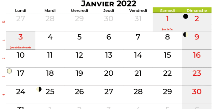 calendrier janvier 2022 québec canada