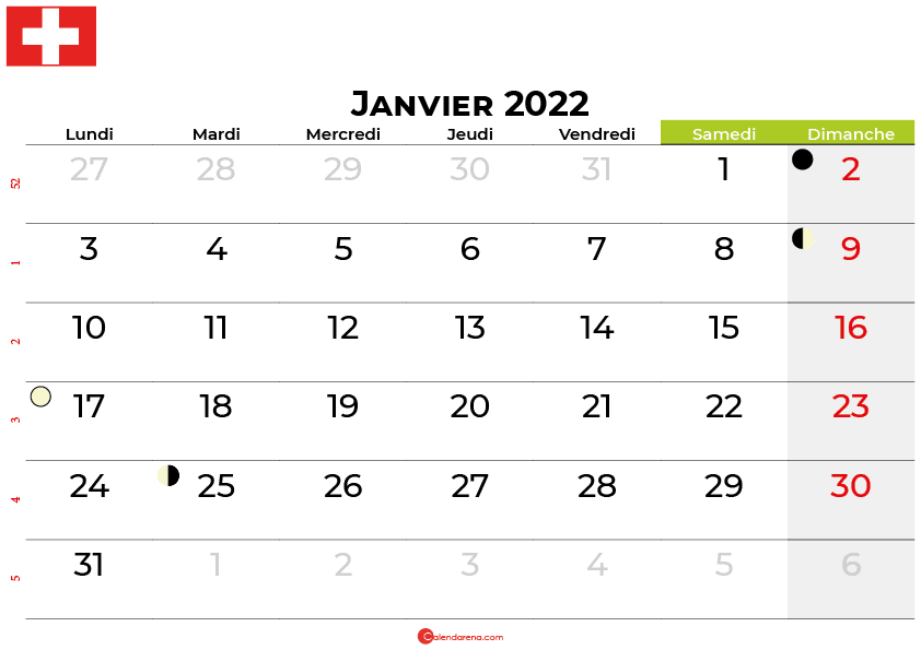 calendrier janvier 2022 suisse